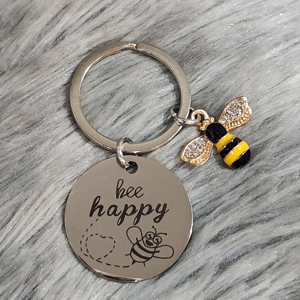 Bee Happy Keychain with Gold and Black Accents